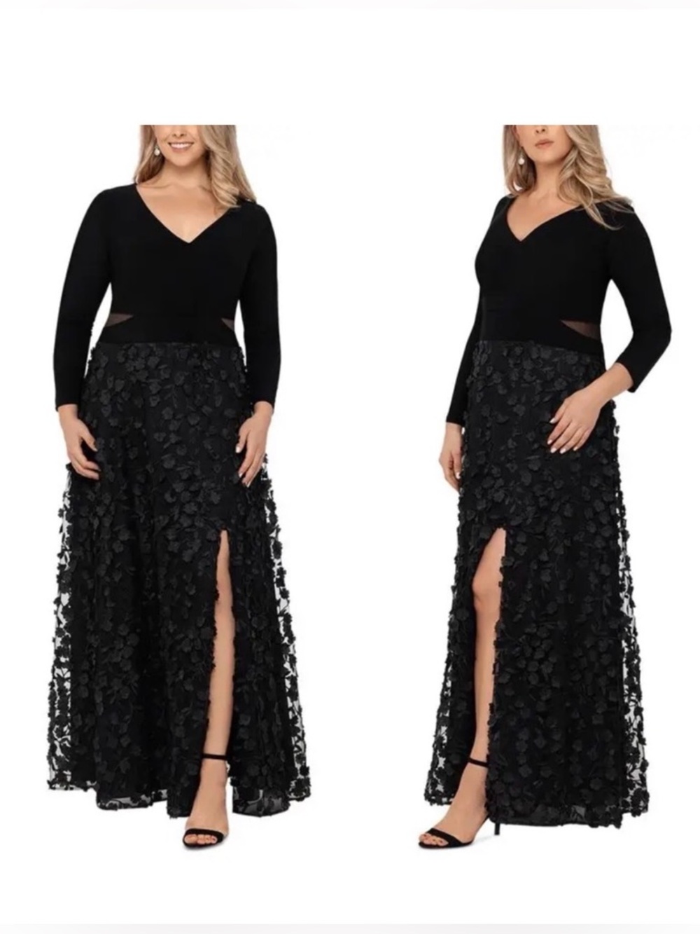 Xscape Black Long Sleeve V-Neck Floral Appliqué Maxi Dress - Picture 10 of 11